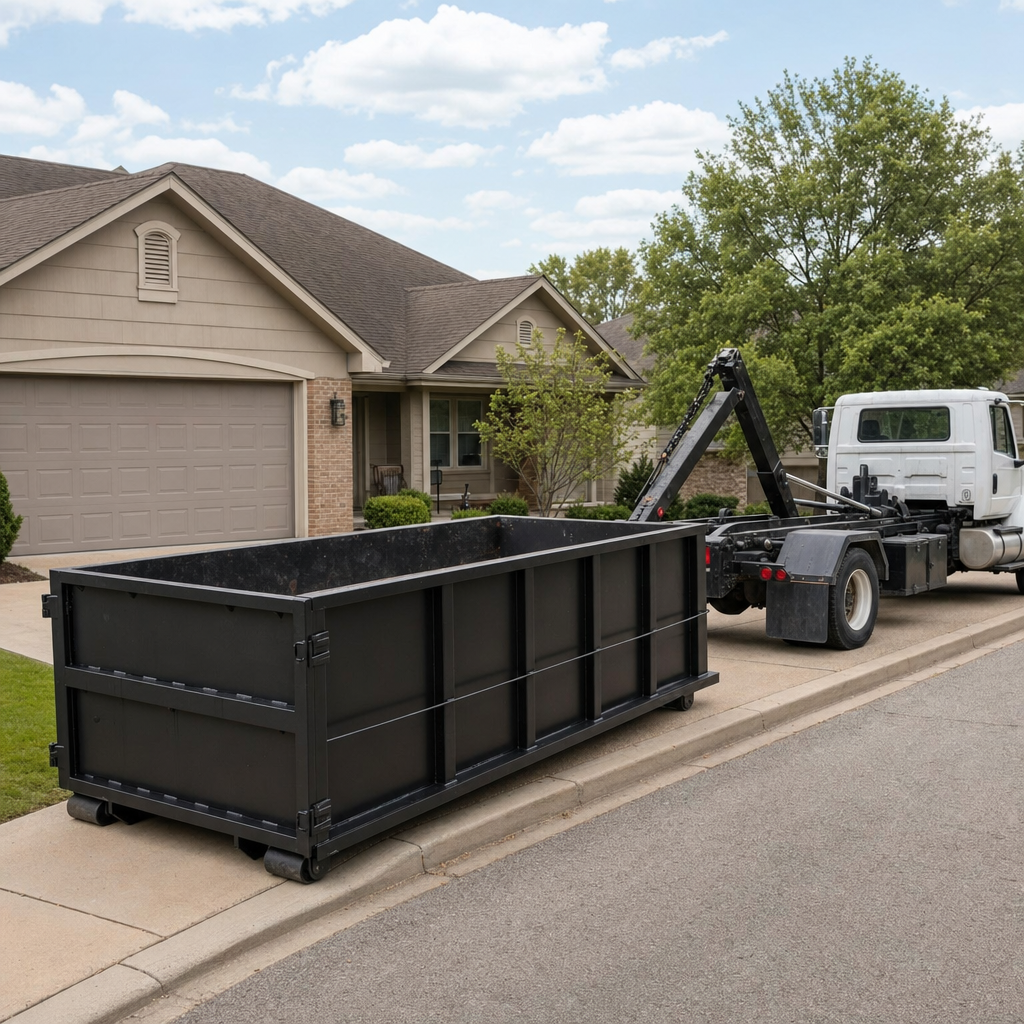 Wide documentary shot of a matte-black roll-off dumpster on a Allentown residential driveway in the foreground and a contractor jobsite container in the soft-focus background, bright daylight, calm and orderly composition.